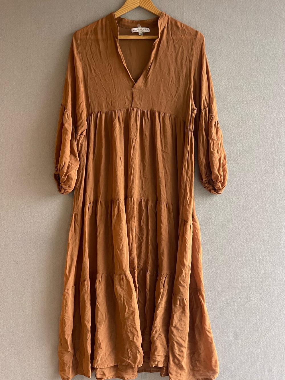 Young Fabulous & Broke Tiered Midi Dress XS Brown Boho Peasant Puff Sleeve SHEER
